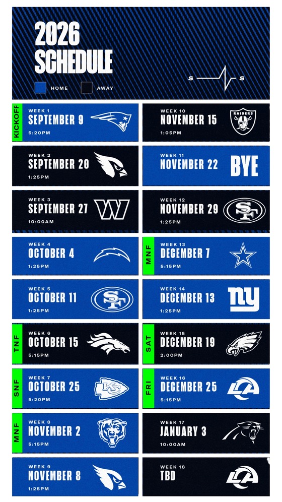 Seattle Seahawks schedule lists opponents, dates, and times for each game beginning Sep 9, 2026 through January 3, 2027.