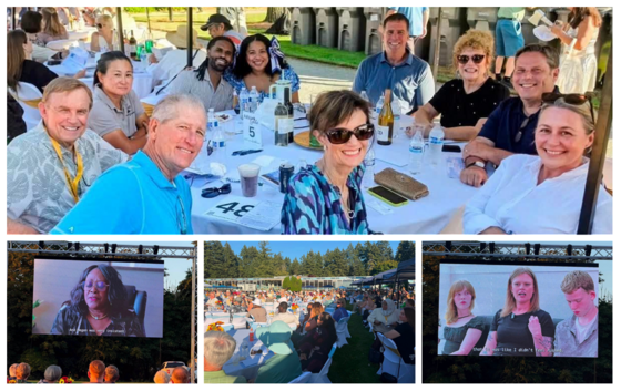 4-panel photo with a group photo at a banquet table outdoors, & 3 smaller screens showing a speaker video & a stage scene with seated attendees.