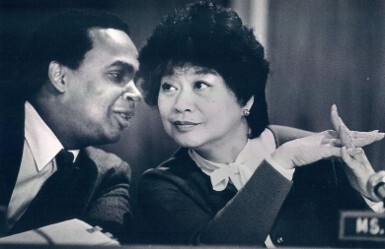 Seattle Times photo of Seattle Councilmembers Norm Rice and Dolores Sibonga in 1987