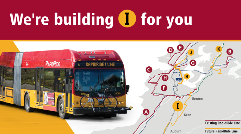 "We're building I for you" map of rapidride paths and image of a RapidRide I Line