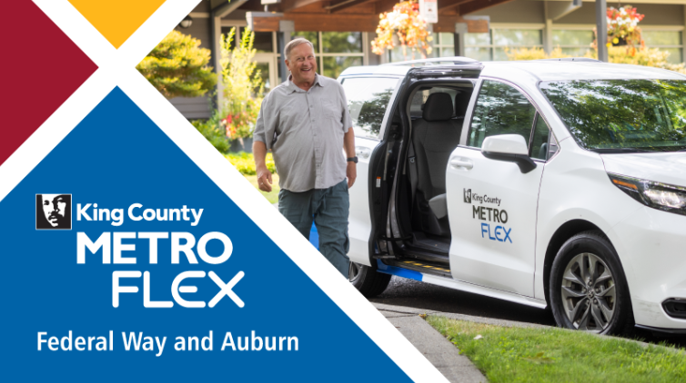 image of a man beside Metro Flex with text: King County Metro Flex Federal Way and Auburn