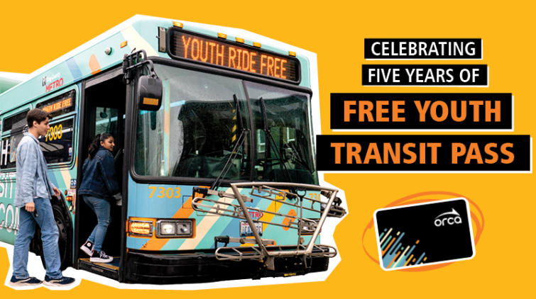 text: "Celebrating five years of free youth transit pass" bus that says "youth ride free"
