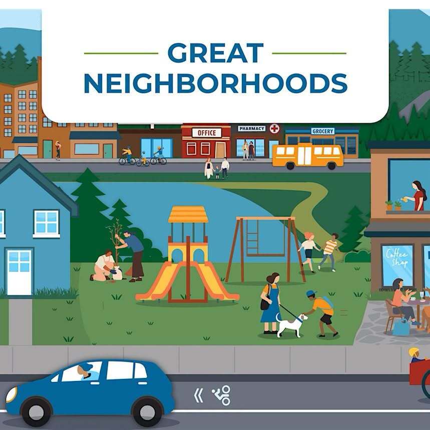 A cartoon image portraying people in a neighborhood including a house, offices, bodies of water, and a playground