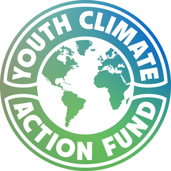 A circular image saying "Youth Climate Action Fund" in blue and green letters around an image of the continents
