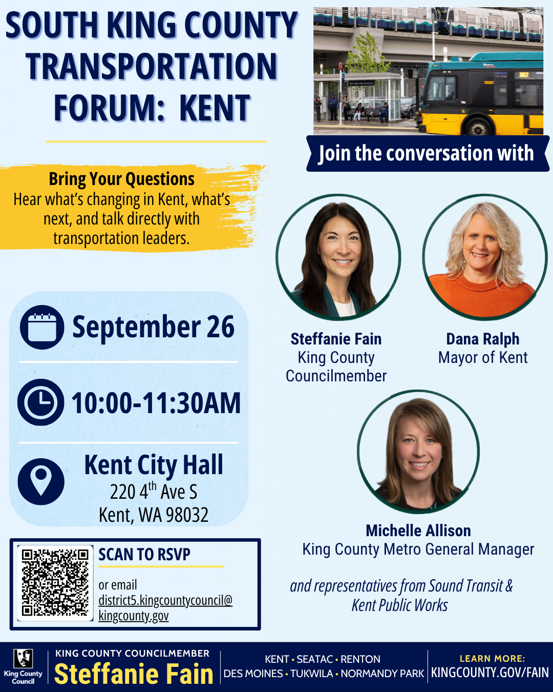 South King County Transportation Forum: Kent. September 26 from 10 - 11:30 AM at Kent City Hall