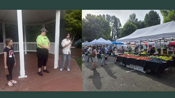 Left: Two people stand watching someone speak into a microphone. Right: Tented stalls at a farmers markets with tables of fresh produce.