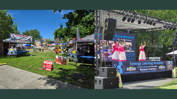 Left: Festival grounds filled with tented booths and colorful decorations. Right: Three young girls in traditional Indian dress dance on a stage.