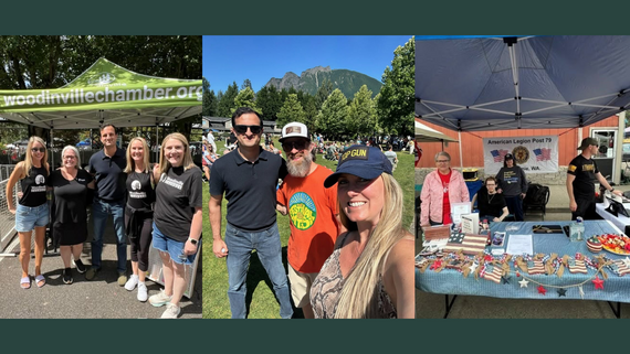 Groups of people at tented booths on sunny days smiling.
