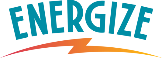The word Energize in teal capital letters above an orange lighting symbol.