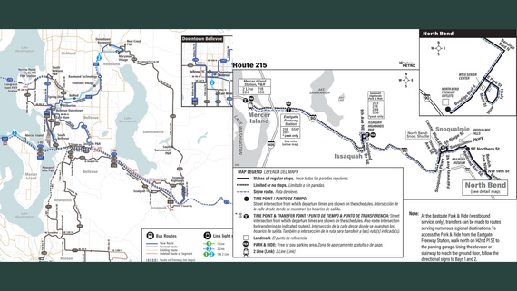 Left: Map of East King County with blue, black, and red lines highlighting bus routes. Right: Map of 215 bus route from North Bend to Mercer Island.
