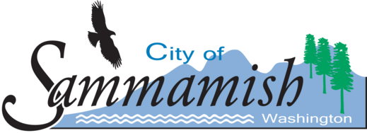 Logo with text reading City of Sammamish, Washington in front of a blue mountain silhouette with a bird flying over the text.