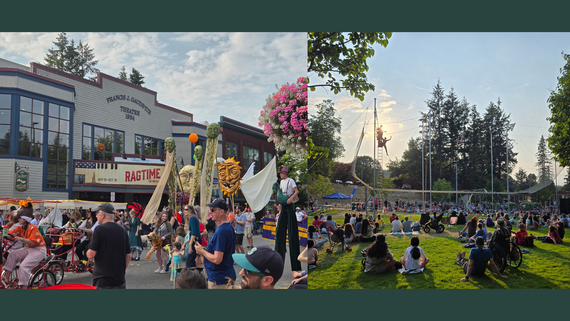 Left: A parade of people holding large puppets on sticks. Right: Three people perform on a trapeze rig to a crowd gathered on a grass lawn.
