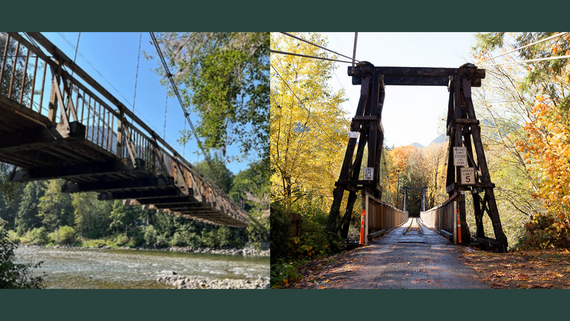 Left: A timber suspension bridge over a rocky river. Right: Entrance to a timber suspension bridge with speed and weight limit signs.