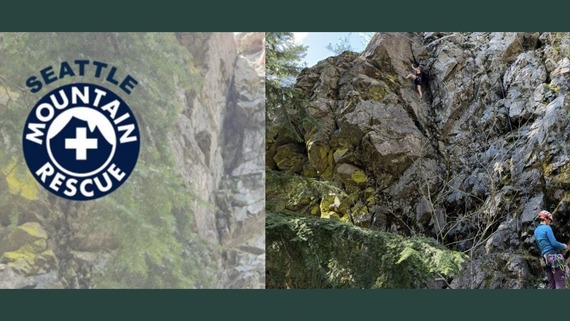 Two mountain climbers scale a rocky cliff with a dark blue, circular logo reading Seattle Mountain Rescue on the left side of the photo