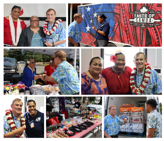Collage of people at the Elders Fair, including a vendor table with food and drinks, and a sign reading “Taste of Samoan”.