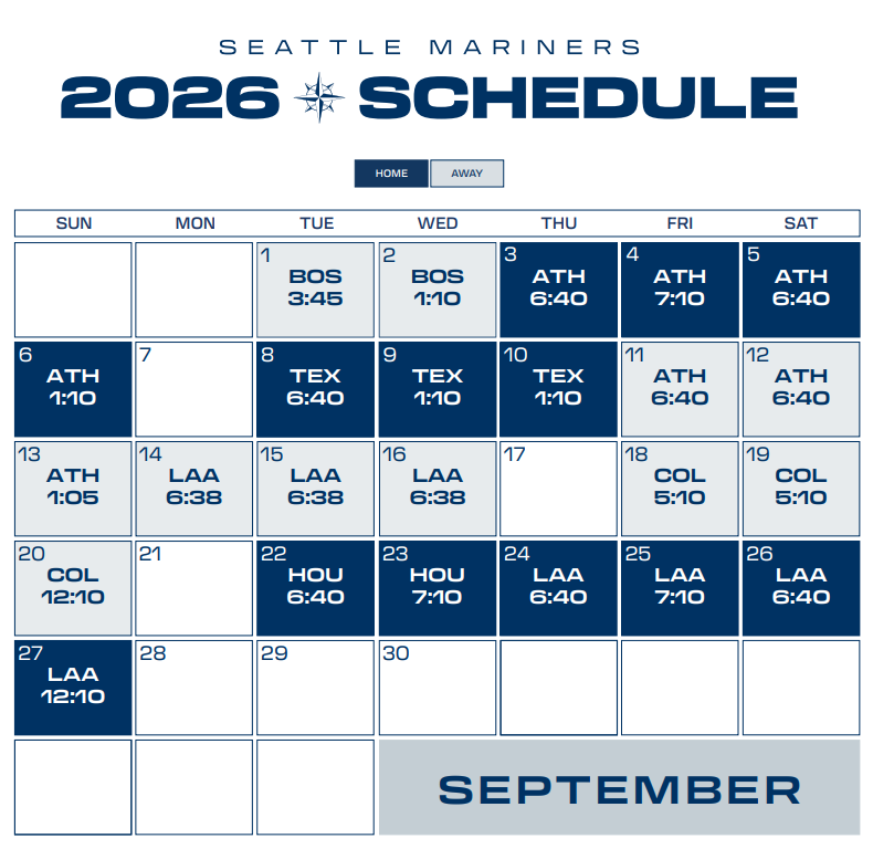 A Seattle Mariners 2026 schedule showing games for September against various teams.