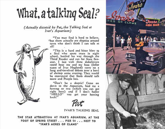 Collage of 3 photos: Vintage newspaper-style with a cartoon seal with headline “What a talking Seal?” & 2 small photos of a seal and Ivar Haglund.
