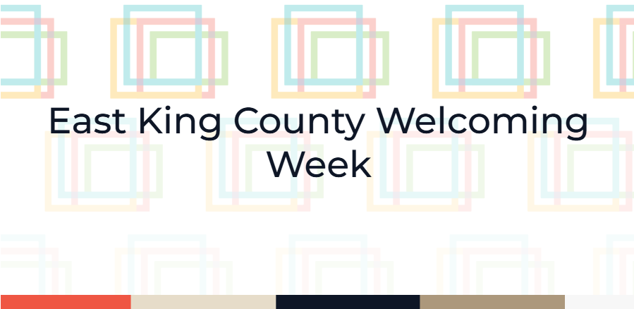 "East King County Welcoming Week" in black letters against a white background with interlocking squares of various colors