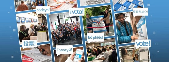 A collage of people participating in various voting activities with "vote!" in several languages in blue lettering