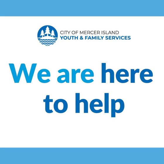 The City of Mercer Island logo and "We are here to help" in blue letters against a white background with blue borders at the top and bottom
