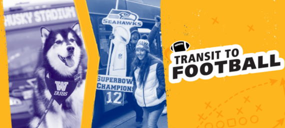Picture of a husky and a Seahawk fan on a yellow background, text reads- Transit to football