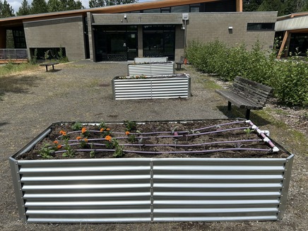 Four planter boxes have a mix of orange flowers and leafy green plants outside the classrooms at the Brightwater Center.