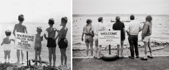 Black and white photos of people on shoreline. Left: "Warning polluted water unsafe for bathing." Right: "Welcome clean water fishable and swimmable."
