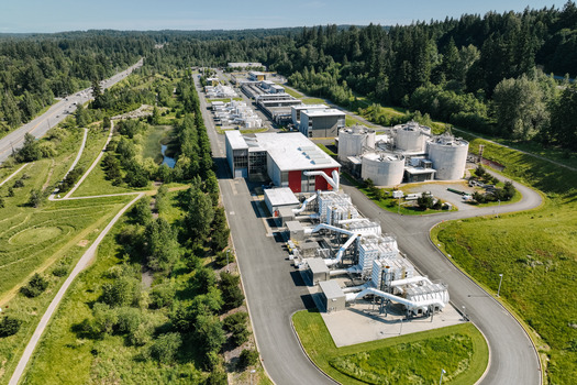 Aerial view of the Brightwater Treatment Plant with Highway 9 to the left. 
