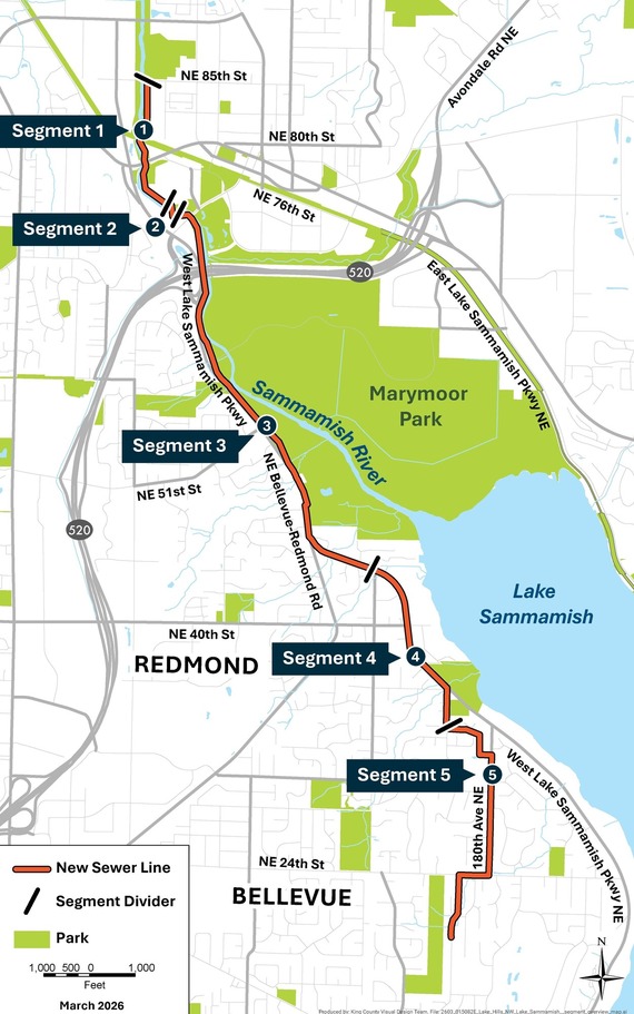 Map of the sewer upgrade from NE 85th Street in Redmond to Idylwood, along the Sammamish River Trail and West Lake Sammamish Parkway.