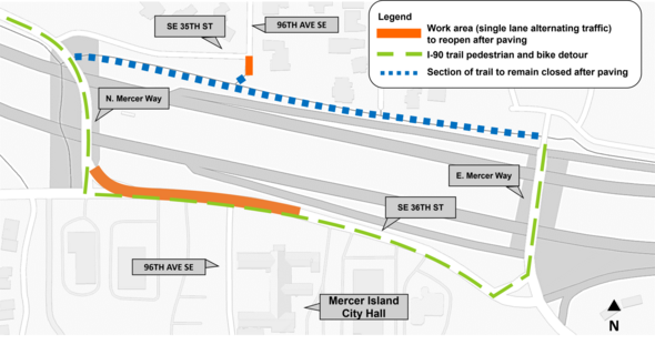 Map of areas on the I-90 trail, 96th Ave SE, and SE 36th St where paving will occur.