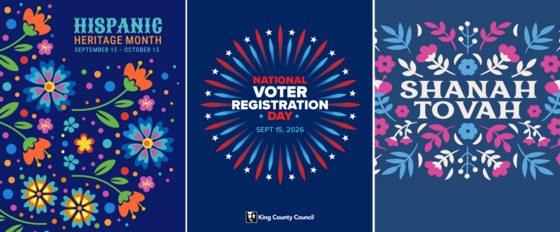 3 posters: “Hispanic Heritage Month” with floral patterns, “Voter Registration Day 9/15/26 with fireworks & stars & “Shanah Tovah” with flowers.