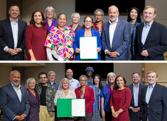 Two group photos of Councilmembers and representatives receiving a proclamation certificate.
