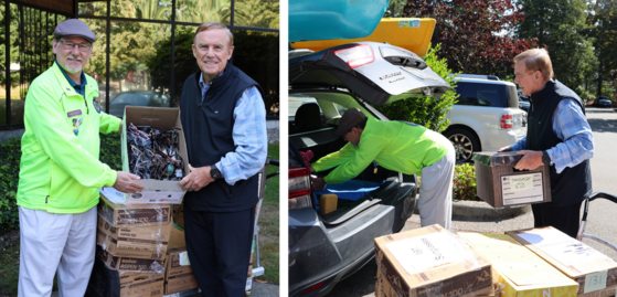 Two photos of two people loading boxes of eyeglasses into a vehicle at an outdoor area with more packages stacked on the ground.