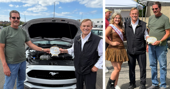 2 photos: 2 men holding a trophy standing beside a white Mustang with the hood open; the other shows 3 people at an outdoor event posing with awards.
