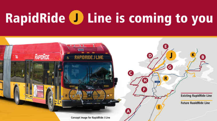 "RapidRide J Line is coming to you" with an image of a RapidRide bus and map of RapidRide routes