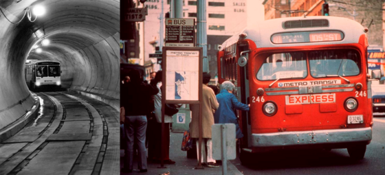 Left: Black and white bus entering a tunnel. Right: red orange bus marked “Metro Transit EXPRESS” stopped at a busy street with people nearby.