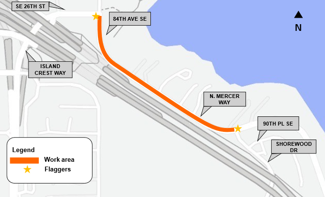 Map of work area on N Mercer Way between 84th Ave SE and Shorewood Dr
