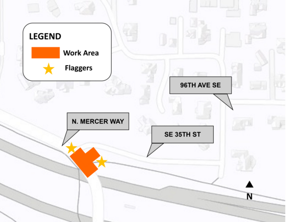Map of work area at N Mercer Way and SE 35th St