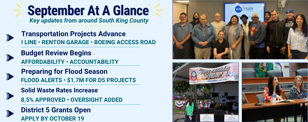 September at a glance with summary of newsletter and three photos of CM. Fain
