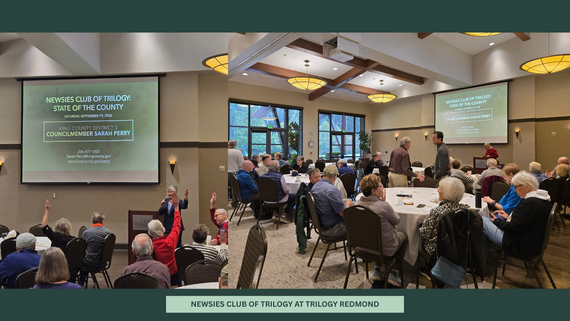 Left: Photo of a woman holding a microphone, speaking to a crowd. Right: A room filled with people sat at tables.