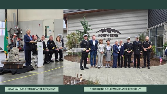Left: Photo of a woman speaking behind a podium. Right: People in formal wear and military dress uniforms stand, smiling.