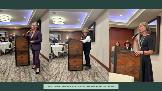 Three photos of elected and tribal leaders standing behind a wooden podium, speaking into a microphone.