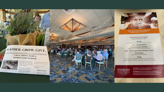 Two photos of event program flyers. One photo of a packed room filled with people sitting at tables.