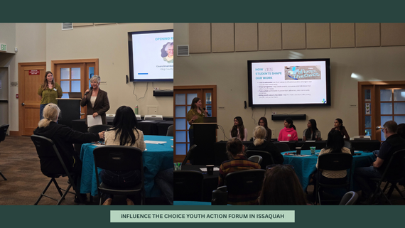 Left: Photo of a woman speaking into a microphone to a crowd. Right: Photo of a panel of five high school students seated in front of a crowd.