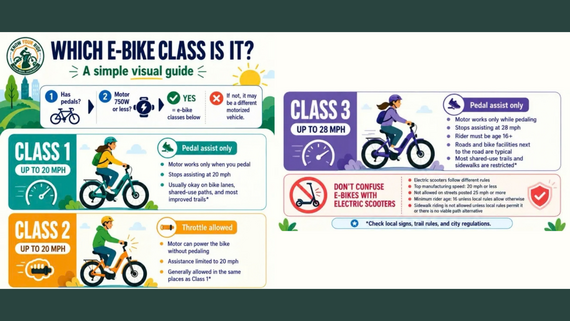 A colorful infographic with the title "Which E-bike class is it?" and illustrations of people riding electric bikes.