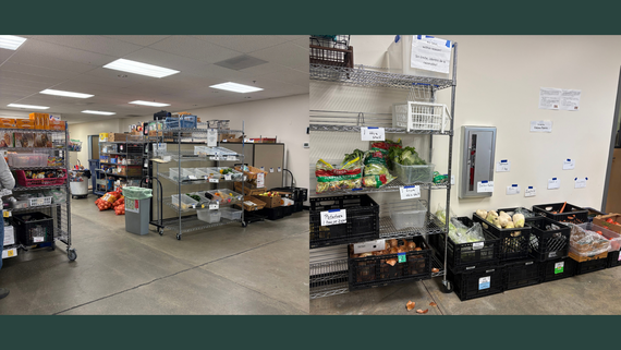 Two photos of a food pantry set up with metal, rolling shelves and black grocery crates filled with food products and fresh produce.