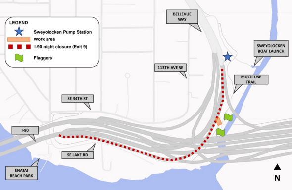 Map of work area off of eastbound I-90 Exit 9