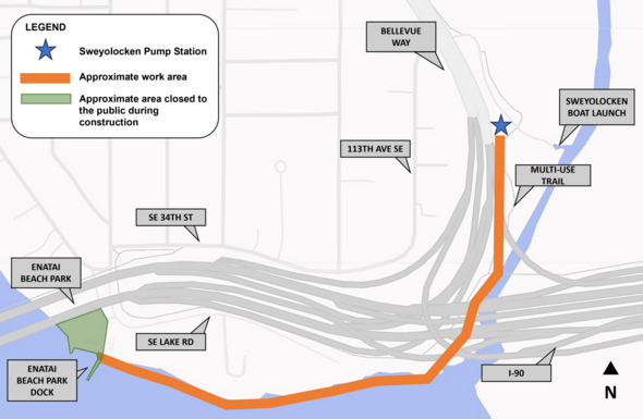 Map of approximate relining work area between Enatai Beach Park and Sweyolocken Boat Launch.