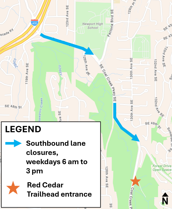 Southbound lane closures on Coal Creek Parkway around work areas are weekdays 6 am to 3 pm.