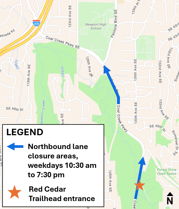 Northbound lane closures on Coal Creek Parkway around work areas are weekdays 10:30 am to 7:30 pm.